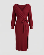 Women's knitted dress with elegant wrap design and decorative belt-https://detail.1688.com/offer/680763497561.html-Calm Wears-Bordeaux red-S-Calm Wears