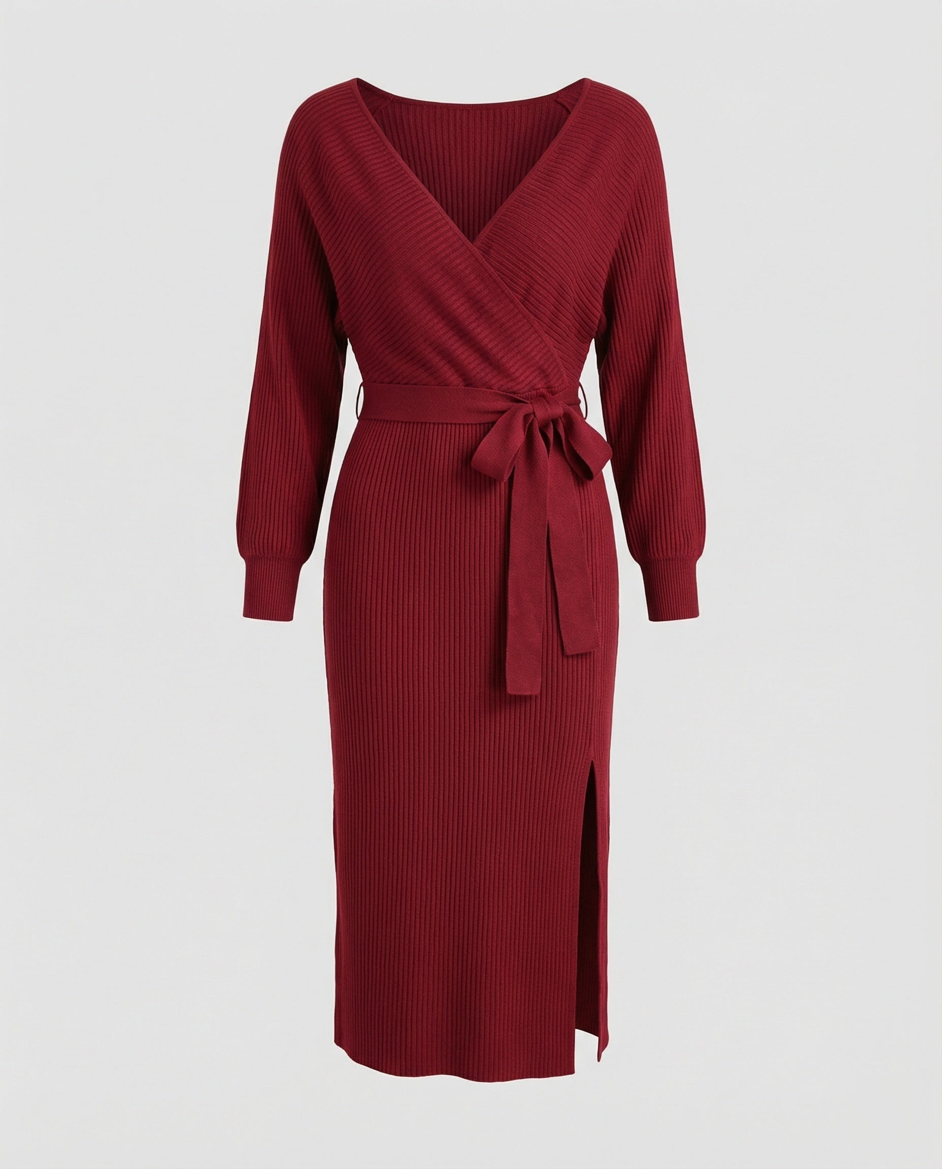 Women's knitted dress with elegant wrap design and decorative belt-https://detail.1688.com/offer/680763497561.html-Calm Wears-Bordeaux red-S-Calm Wears
