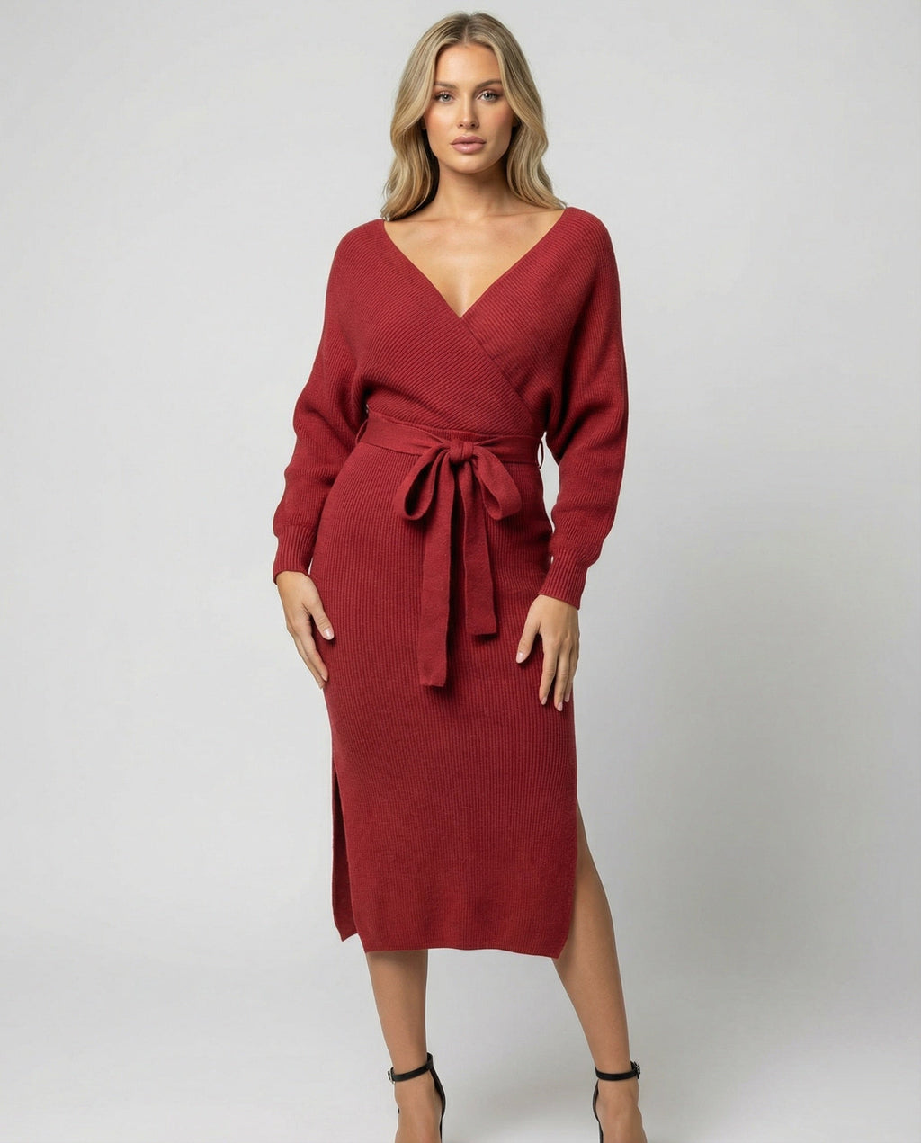 Women's knitted dress with elegant wrap design and decorative belt-https://detail.1688.com/offer/680763497561.html-Calm Wears-Bordeaux red-S-Calm Wears
