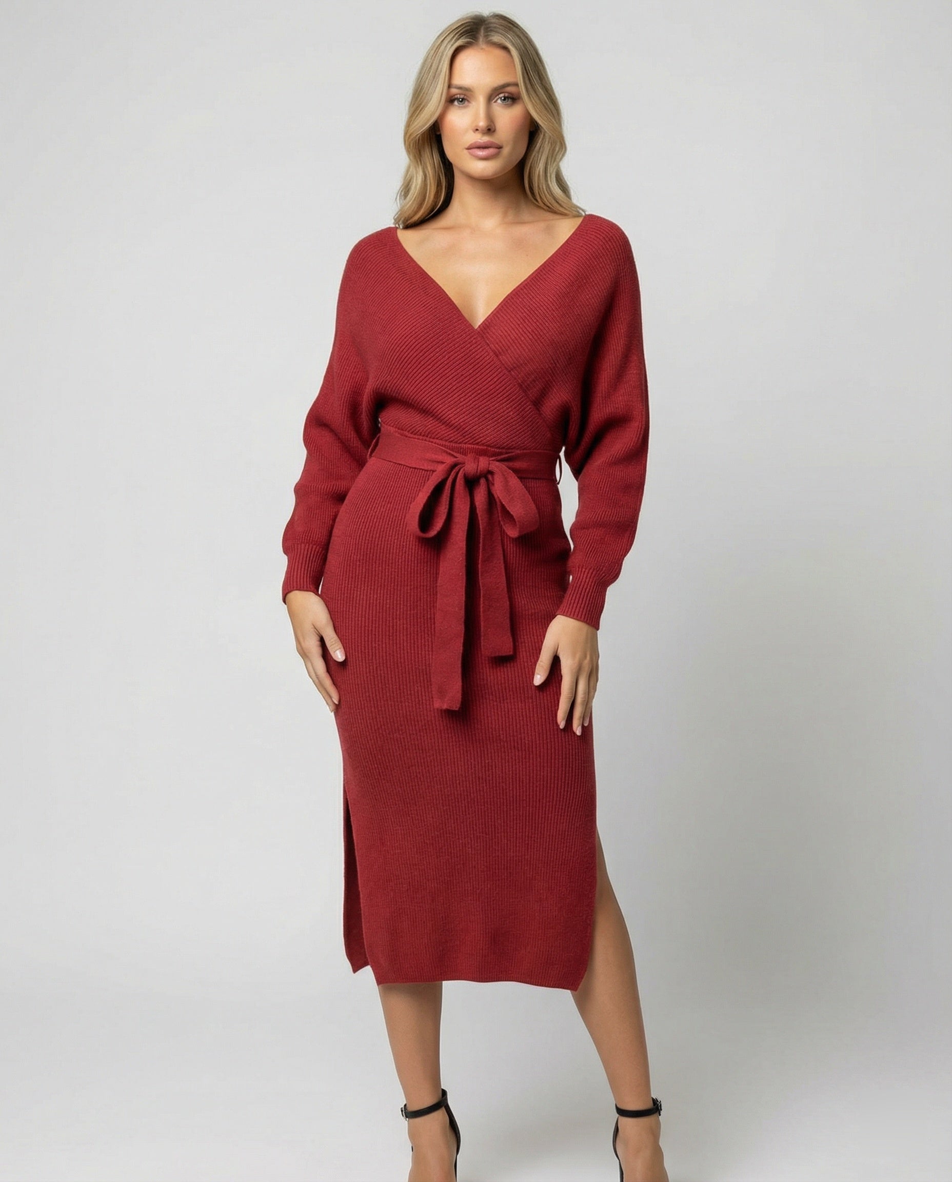 Women's knitted dress with elegant wrap design and decorative belt-https://detail.1688.com/offer/680763497561.html-Calm Wears-Bordeaux red-S-Calm Wears