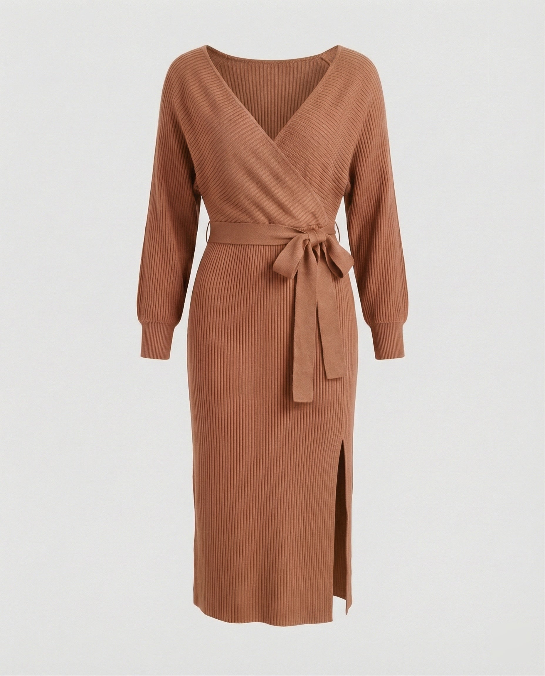 Women's knitted dress with elegant wrap design and decorative belt-https://detail.1688.com/offer/680763497561.html-Calm Wears-Camel-S-Calm Wears