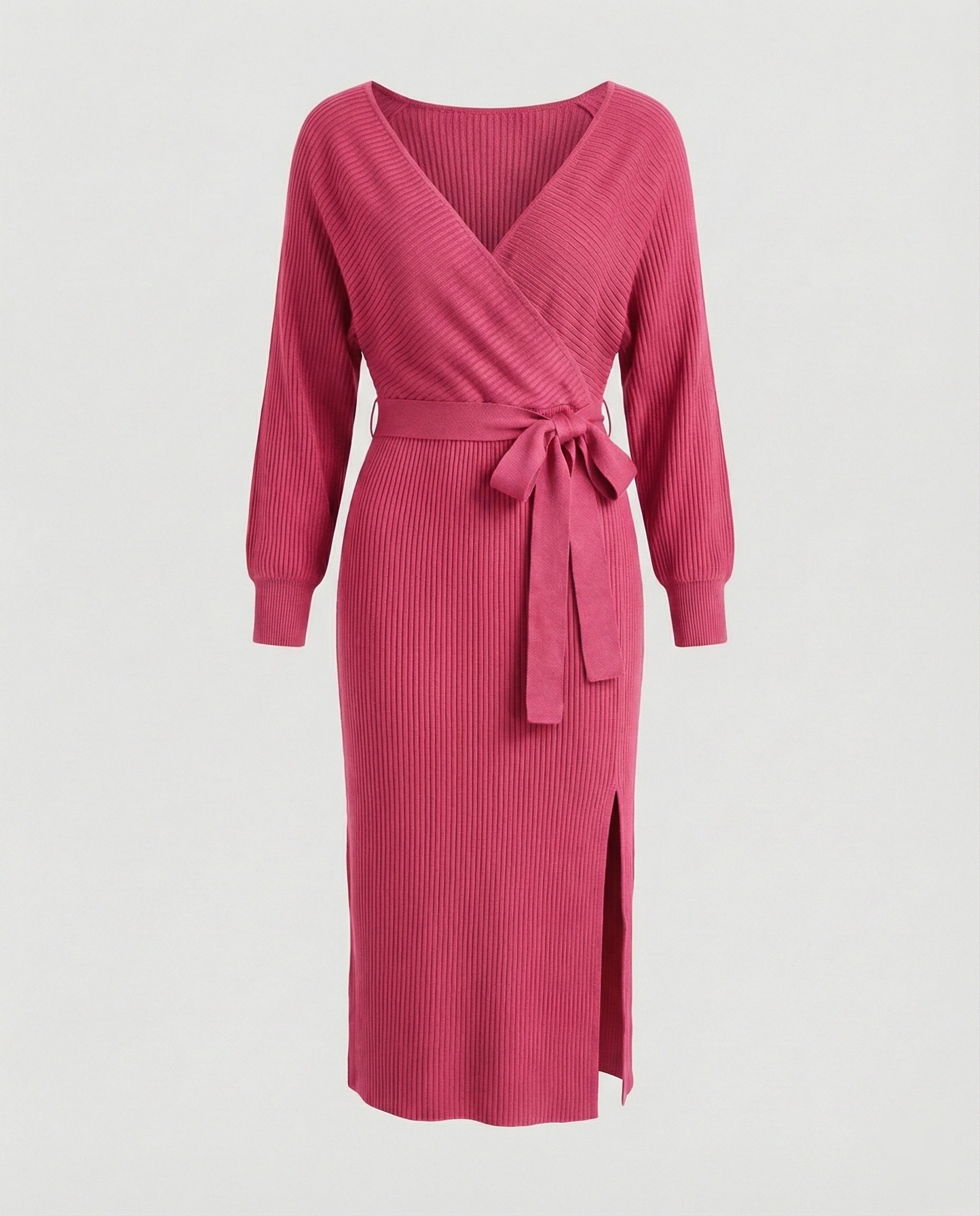 Women's knitted dress with elegant wrap design and decorative belt-https://detail.1688.com/offer/680763497561.html-Calm Wears-Fuchsia-S-Calm Wears