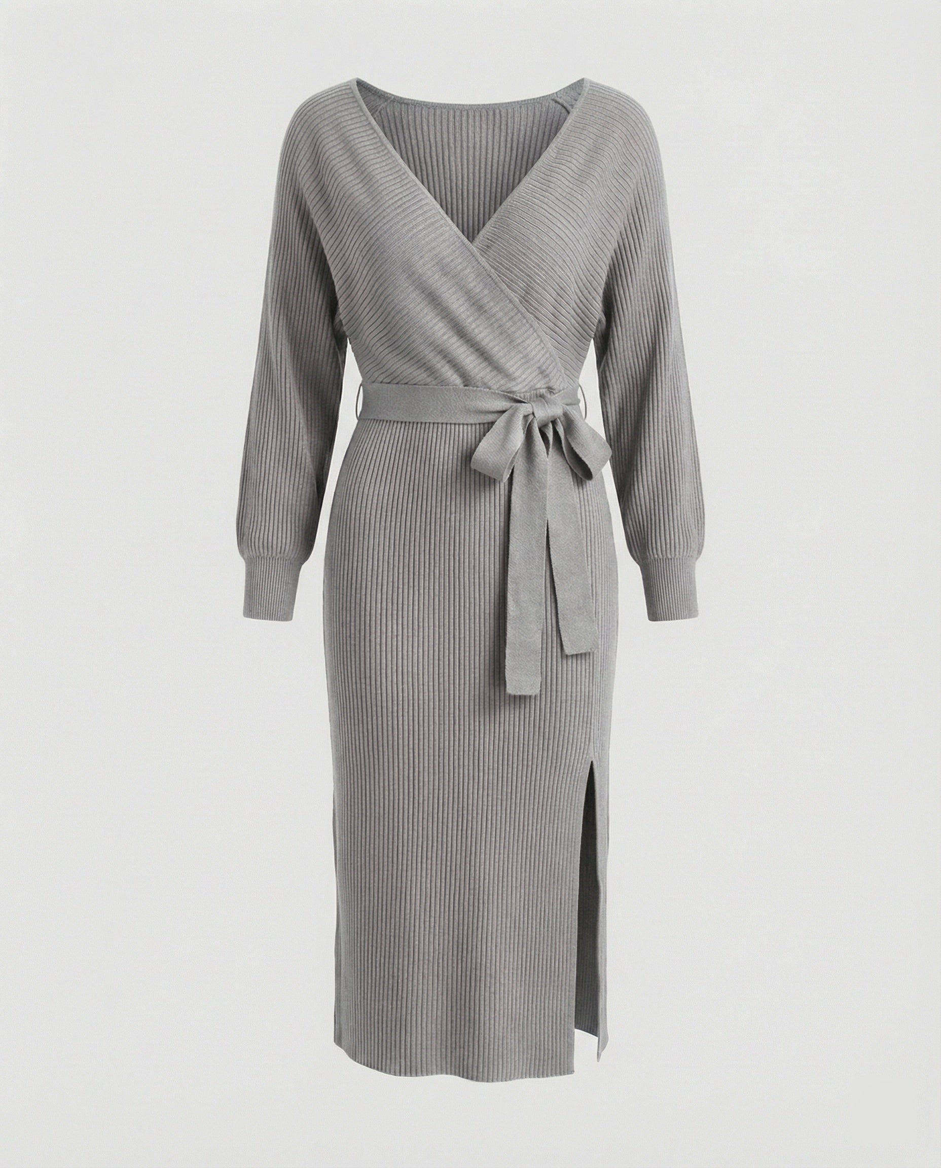 Women's knitted dress with elegant wrap design and decorative belt-https://detail.1688.com/offer/680763497561.html-Calm Wears-Gray-S-Calm Wears