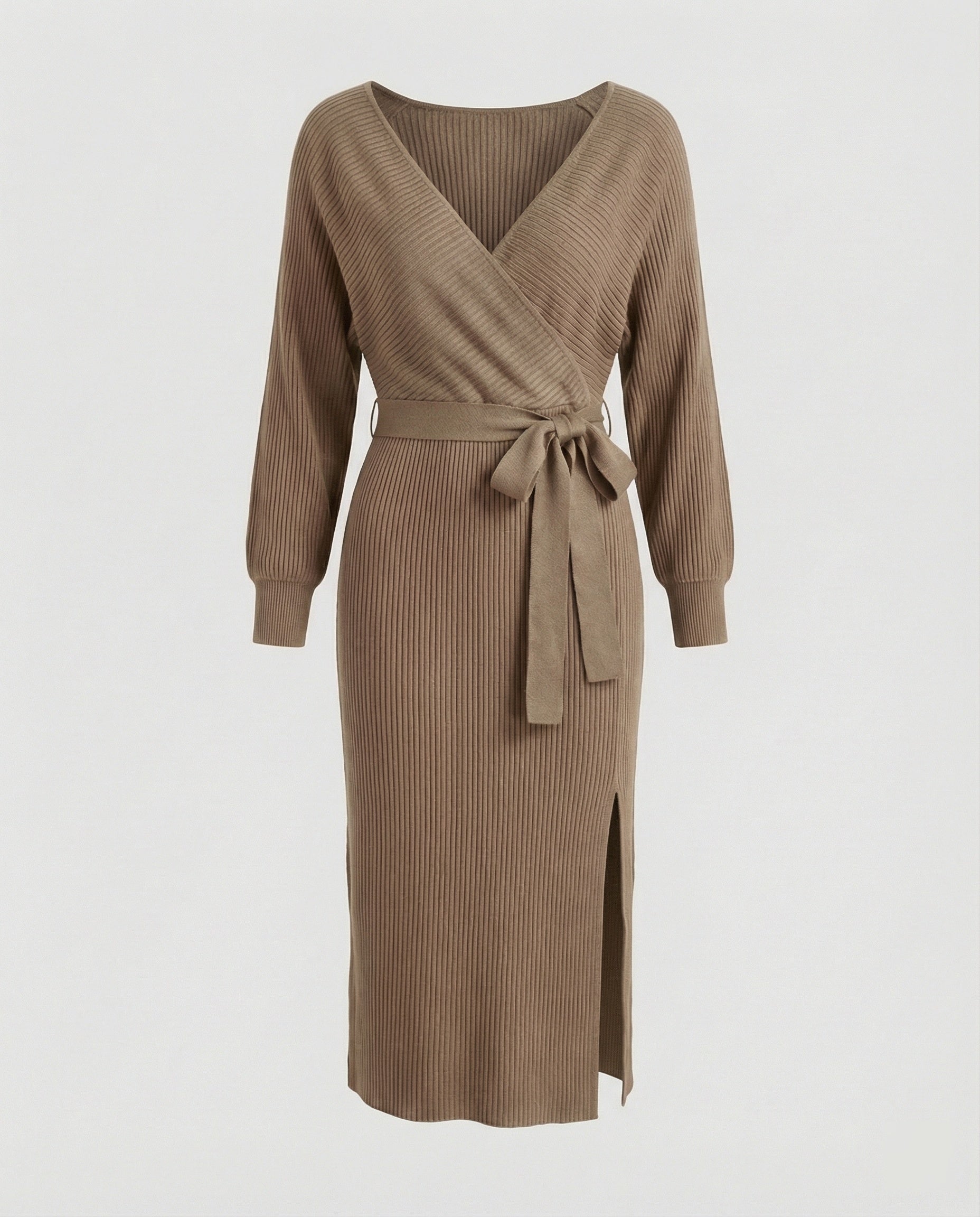 Women's knitted dress with elegant wrap design and decorative belt-https://detail.1688.com/offer/680763497561.html-Calm Wears-Top-S-Calm Wears