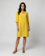 Women's linen dress with a loose fit and elegant V-neck-https://detail.1688.com/offer/675659538362.html-Calm Wears-Yellow-S-Calm Wears