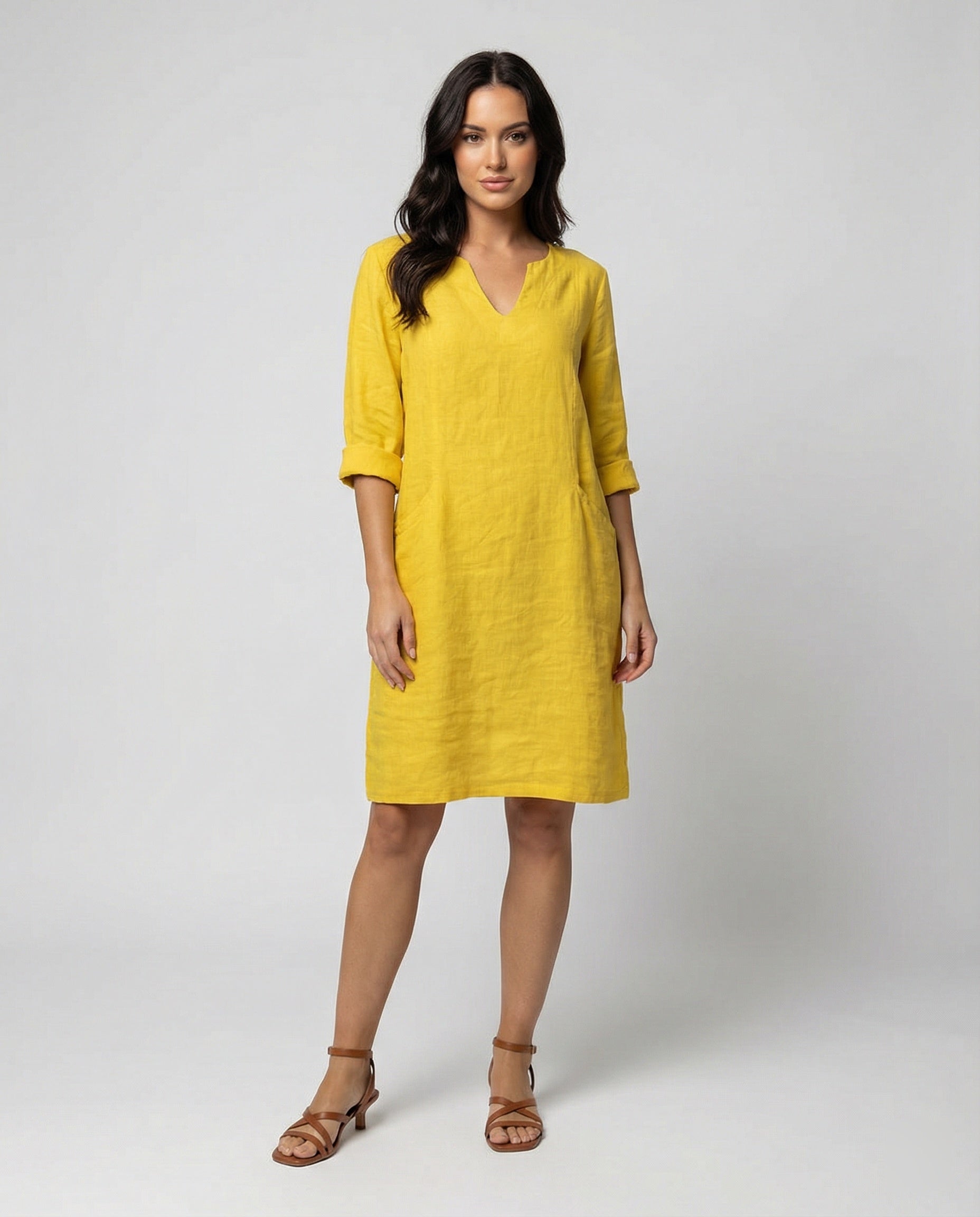 Women's linen dress with a loose fit and elegant V-neck-https://detail.1688.com/offer/675659538362.html-Calm Wears-Yellow-S-Calm Wears