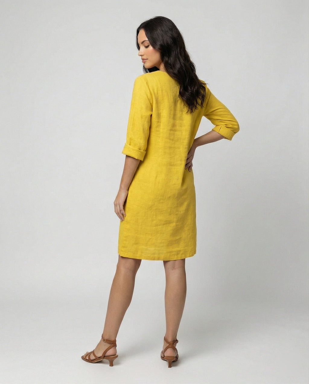 Women's linen dress with a loose fit and elegant V-neck-https://detail.1688.com/offer/675659538362.html-Calm Wears-Yellow-S-Calm Wears