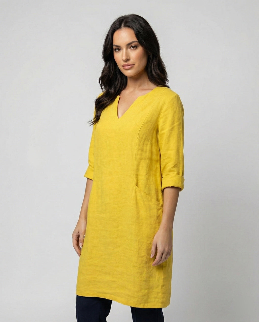 Women's linen dress with a loose fit and elegant V-neck-https://detail.1688.com/offer/675659538362.html-Calm Wears-Yellow-S-Calm Wears