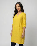 Women's linen dress with a loose fit and elegant V-neck-https://detail.1688.com/offer/675659538362.html-Calm Wears-Yellow-S-Calm Wears