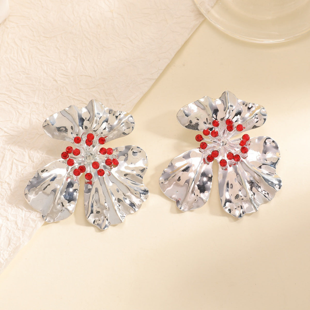 Women’s metal flower earrings with sparkling red accents Calm Wears-https://detail.1688.com/offer/1028446672901.html-Calm Wears-White-Calm Wears