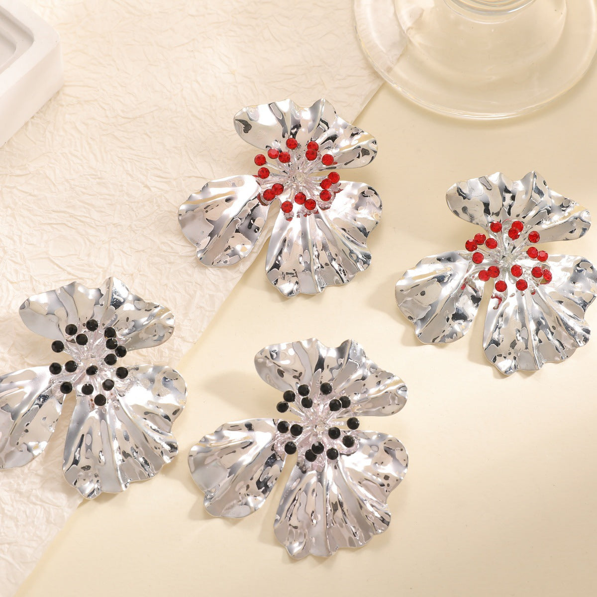 Women’s metal flower earrings with sparkling red accents Calm Wears-https://detail.1688.com/offer/1028446672901.html-Calm Wears-White-Calm Wears