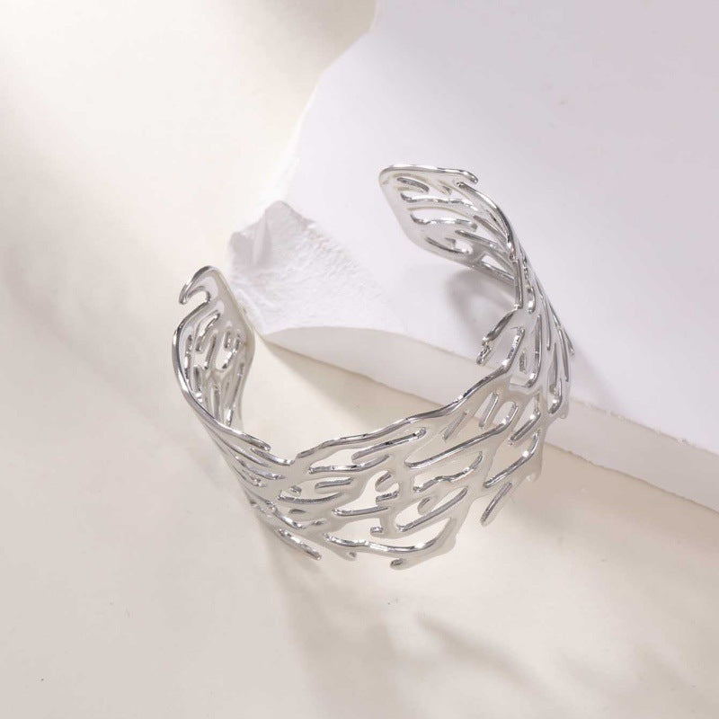 Women's Open Bangle with Elegant Wave Design Calm Wears-https://detail.1688.com/offer/968910162139.html-Calm Wears-Silver-Calm Wears