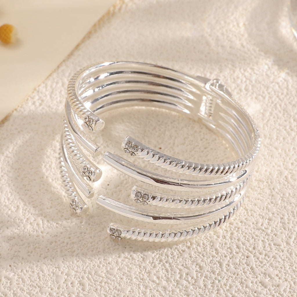 Women's Open Bangle with Modern, Layered Design Calm Wears-https://detail.1688.com/offer/963981056721.html-Calm Wears-Silver-Calm Wears