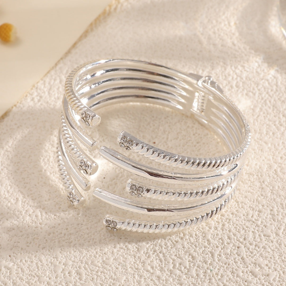 Women's Open Bangle with Modern, Layered Design Calm Wears-https://detail.1688.com/offer/963981056721.html-Calm Wears-Silver-Calm Wears