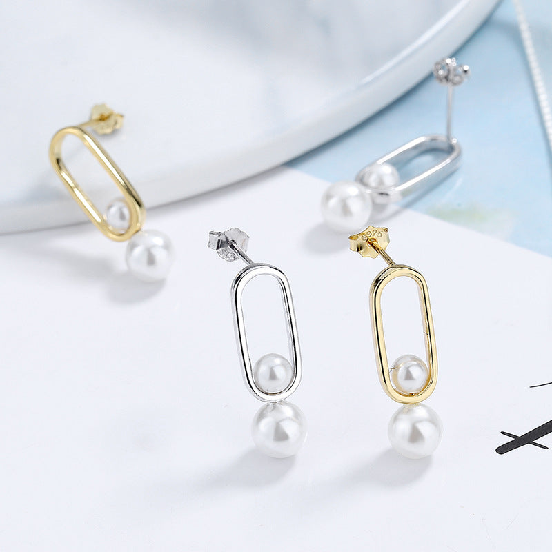 Women's stud earrings with modern oval design and elegant pearls Calm Wears-https://detail.1688.com/offer/673851833990.html-Calm Wears-Platinum-925-Calm Wears