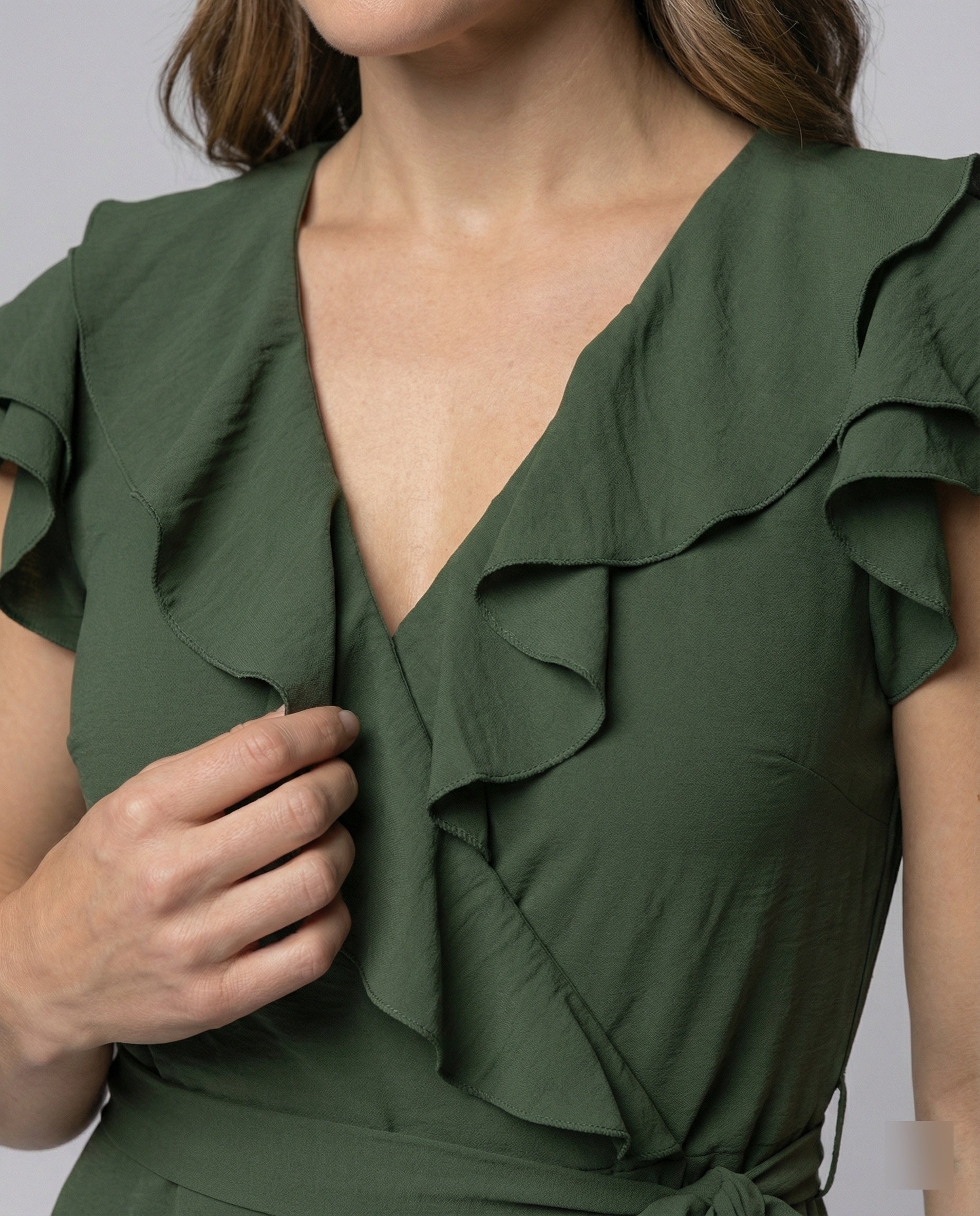 Women's wrap dress with voluminous ruffle details and waist belt-https://detail.1688.com/offer/870910300685.html-Calm Wears-Black-S-Calm Wears