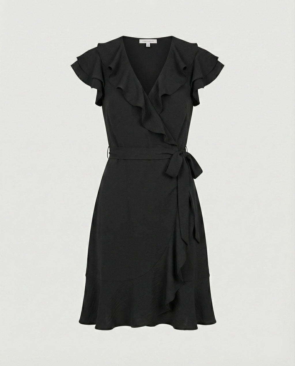 Women's wrap dress with voluminous ruffle details and waist belt-https://detail.1688.com/offer/870910300685.html-Calm Wears-Black-S-Calm Wears