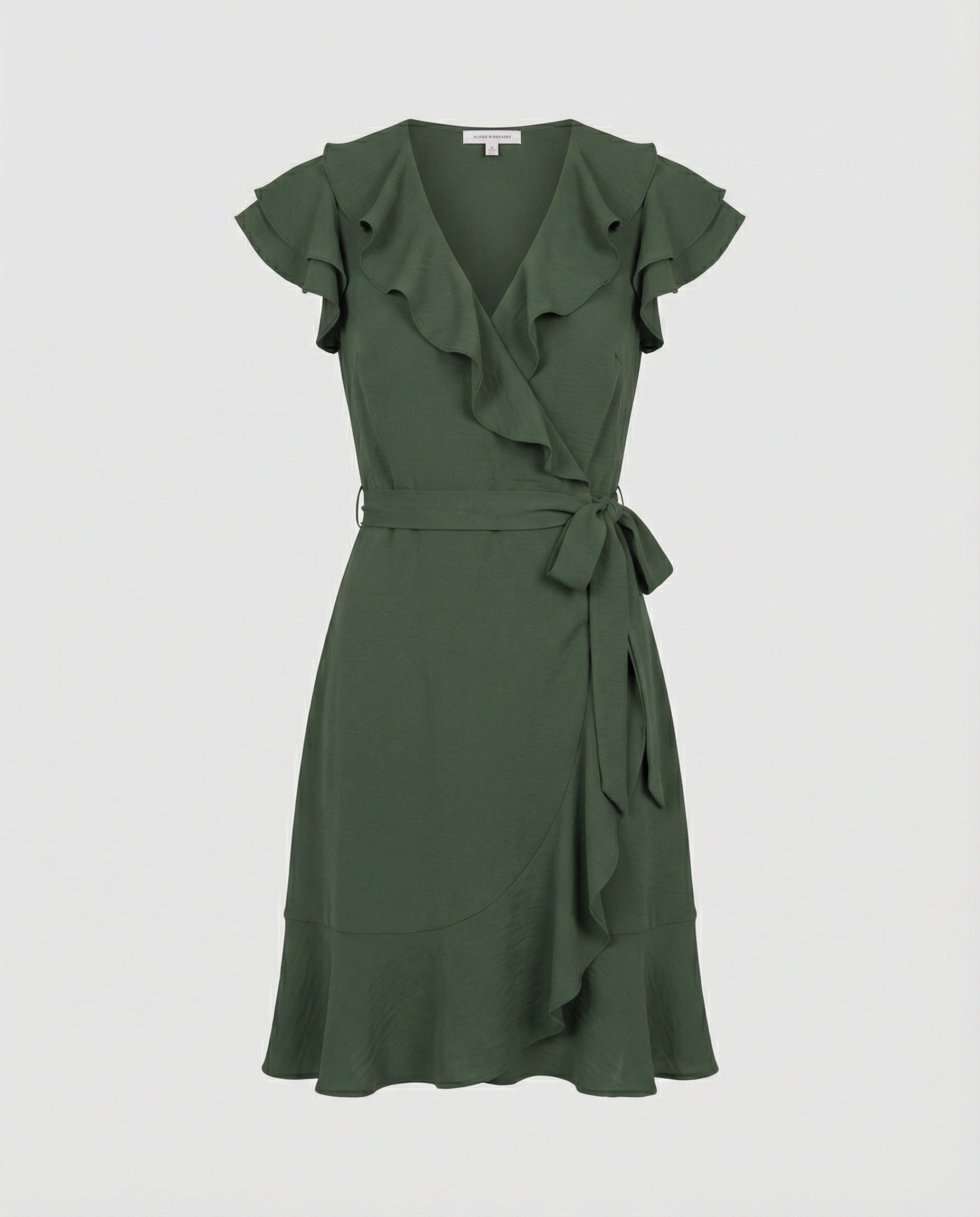 Women's wrap dress with voluminous ruffle details and waist belt-https://detail.1688.com/offer/870910300685.html-Calm Wears-Olive green-S-Calm Wears