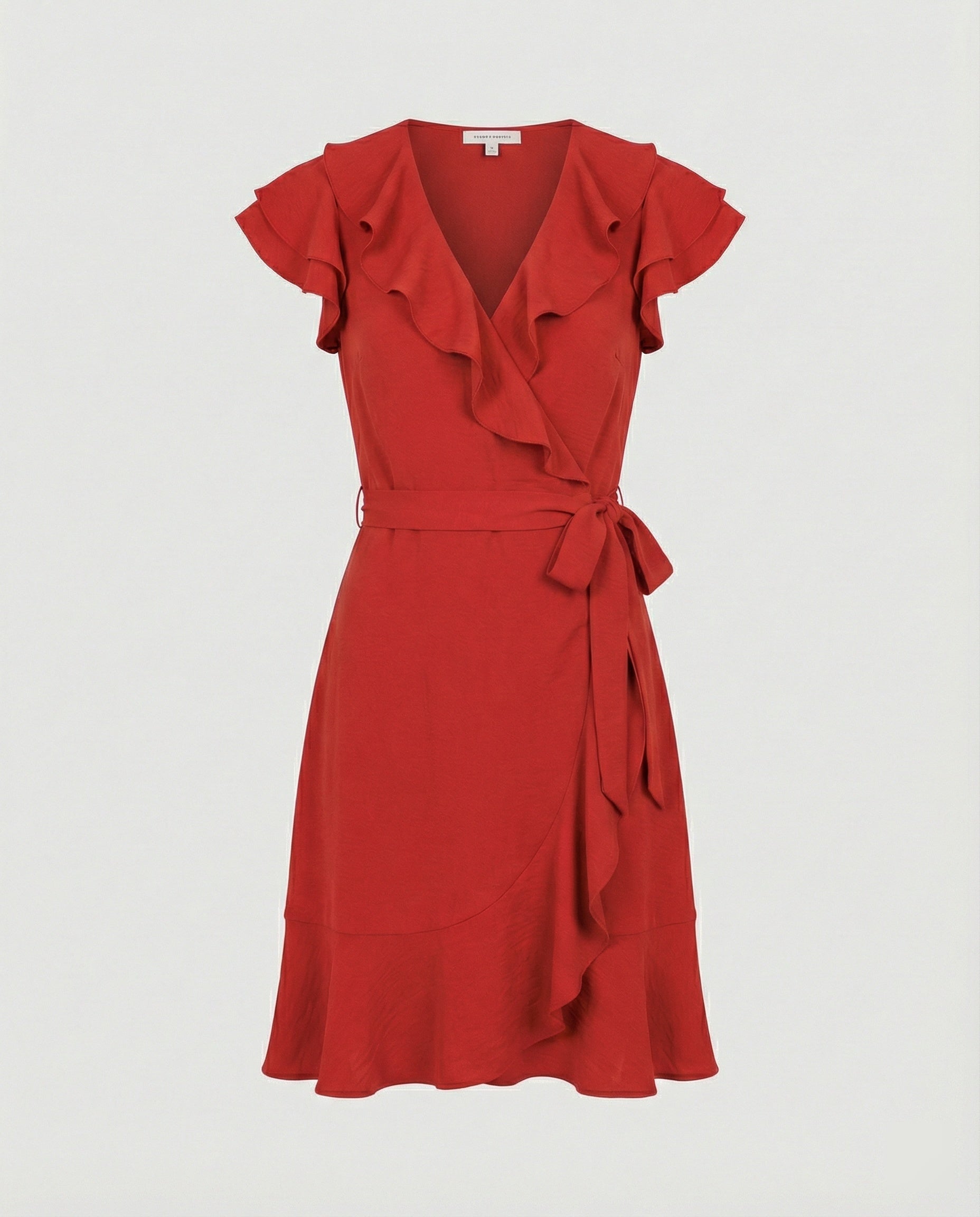 Women's wrap dress with voluminous ruffle details and waist belt-https://detail.1688.com/offer/870910300685.html-Calm Wears-Rot-S-Calm Wears